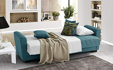 Divano 3 posti in tessuto lavabile turchese - 220 x 88 x 83h cm, vano contenitore, trasformabile in letto una piazza e mezza