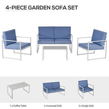 Set Salotto da Giardino Divano 2 Poltrone e Tavolino in Metallo Bianco e Blu