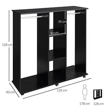 homcom Armadio con 2 Guardaroba, 5 Ripiani e 6 Ruote, in Legno e Alluminio, 120x40x128 cm, Nero