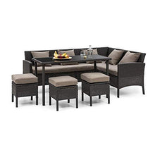 blumfeldt Titania Dining Lounge Set - Arredamento da Giardino, Set per Angolo, Set in 5 Parti: Divano ad Angolo, Tavolo, 3 Sgabelli, 7 Posti, Imbottitura 8cm, Federe Marrone, Rattan: Nero - Arredi Casa