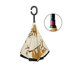LENNEL con strisce riflettenti di sicurezza notturna a forma di C maniglia Happy Sloth Reverse pieghevole ombrello invertito doppio strato antivento design