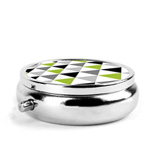 Contenitore rotondo per pillole con 3 scomparti, in metallo, per medicine, vitamine, con triangoli neri, colore: verde lime e grigio