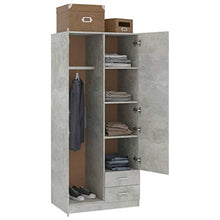 Ausla Armadio guardaroba con 2 ante e 2 cassetti, 80 x 52 x 180 cm, armadio camera da letto in truciolato grigio cemento