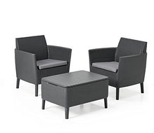 Keter Salemo Balcony Set, Set Mobili da Giardino in Rattan con 2 Poltrone e Tavolino Porta Cuscini, Grafite