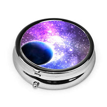 3 scomparti portapillole con sfondo astratto con cielo notturno e stelle di lusso kit da viaggio in metallo tondo argento pillola dispenser vitamine olio di pesce integratori