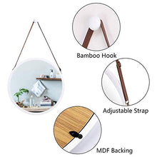 YICHOU Specchio Vanity. Specchi a Parete Rotonde appese per Bagno e Camera da Letto-Solid Bamboo e Cinturino in Pelle Regolabile (Bianco, 15 Pollici)
