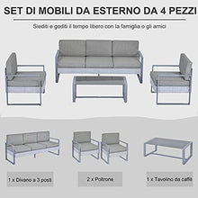 Outsunny Salotto da Giardino Set 4 Pezzi Mobile da Giardino con Tavolino, Divano 3 Posti, 2 Poltrone e Cuscini, Alluminio e Vetro Grigio