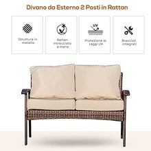Outsunny Divano da Esterno 2 Posti in Rattan PE, Panchina da Giardino con Cuscini e Braccioli, 120x63x77cm Marrone