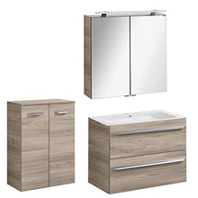 Fackelmann, set di mobili da bagno, 4 pezzi, con lavabo sospeso da 80 cm e armadietto a specchio a LED, colore marrone chiaro