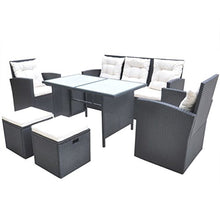 Festnight 18 Pz Set Mobili da Pranzo da Giardino Esterno in Polirattan Nero/Marrone,Set 1Tavolo Rettangolar+1 Divano a 3 Posti con Cuscini + 2 Poltrone con Cuscini + 2 Sgabello Cubo Seduta