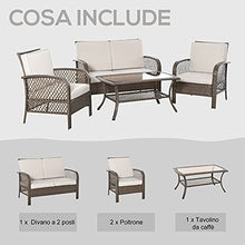 Outsunny Set Mobili da Giardino in Rattan Marrone, Set Tavolino, Sedie e Divano da Esterno 4Pz con Cuscini Imbottiti Cachi