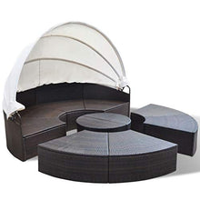 Divano componibile modulare da esterno rotondo per mobili da giardino con baldacchino retrattile, set di divani componibili in rattan in vimini PE per giardino con prato e piscina sul retro