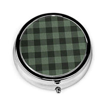 Contenitore rotondo per pillole in metallo a 3 scomparti, per medicinali e vitamine, in tartan, colore: verde scuro e nero