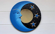 Specchio decorativo da parete sole e luna in legno blu dipinto a mano