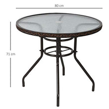 Outsunny Tavolo da Giardino in Rattan, Tavolino Rotondo da Esterno in Vetro Temperato con Foro per Ombrellone, Marrone, Φ80x71cm