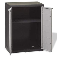Armadietto da Giardino,Armadio Basso da Esterno in PP, Armadio per Esterni a 2 Ante 1 Ripiano Regolabile Ventilato, 65 x 38 x 87 cm,Nero e Grigio