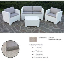 Divano con Poltrone e Tavolino/Salotto/Salottino in Polyrattan per Esterno/Arredo Giardino - Mod. Dubai bianco