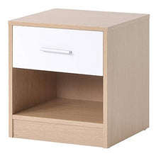 Comodino, cassettiera, 1 cassetto e 1 ripiano con maniglie e guide in metallo, bianco e rovere