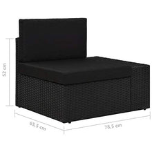 Divano Modulare a 3 Posti, in Polyrattan, 3 Cuscini per Lo Schienale + 3 Cuscini per la Seduta, Nero