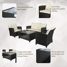 Set Salotto da Giardino Divano 2 Poltrone e Tavolino in Rattan Nero e Crema