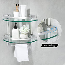 Umi. Essentials Bathroom Glass Corner Shelf with Towel Bar 2-Tier Wall Mounted Extra Thick Tempered Glass Aluminum Silver Sand Sprayed, A4123B