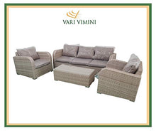 Varì Vimini - Salotto Exclusive da Giardino in Alluminio Intrecciato in Rattan Sintetico. Composto da Divano 3 posti con Cuscino, 2 poltrone con Cuscini e Un tavolino in Vetro e polyrattan