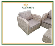 Varì Vimini - Salotto Exclusive da Giardino in Alluminio Intrecciato in Rattan Sintetico. Composto da Divano 3 posti con Cuscino, 2 poltrone con Cuscini e Un tavolino in Vetro e polyrattan