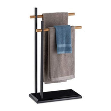 Relaxdays Porta Asciugamani da Terra, Piantana a 2 Bracci, Metallo, Aste in Bambù, HxBxT 85,5x45x22,5 cm, Nero/Marrone