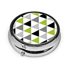 Contenitore rotondo per pillole con 3 scomparti, in metallo, per medicine, vitamine, con triangoli neri, colore: verde lime e grigio