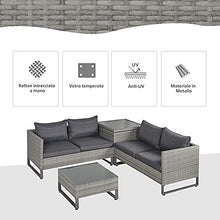 Outsunny Set Mobili da Giardino in Rattan PE con 2 Divani Angolari, Contenitore e Tavolino con Cuscini, Arredamento da Esterno in Grigio