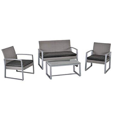Set Salotto da Giardino Divano 2 Poltrone e Tavolino in Metallo e Rattan Grigio