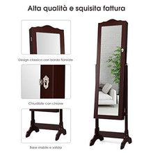 COSTWAY Armadietto Portagioie Specchiera per Gioielli con Chiave e Luci LED, Specchio Figura Intera da Terra, 160x41,5x37cm (Marrone)