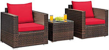 YRRA - Set di mobili da giardino in rattan sintetico, set di 3 pezzi, con cuscino lavabile e vetro temperato da tavolo per conversazione all'aperto, colore: grigio misto, rosso