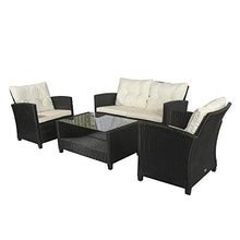 Set Salotto da Giardino Divano 2 Poltrone e Tavolino in Rattan Nero e Crema