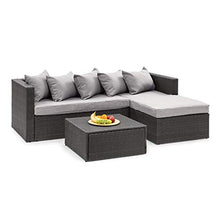 blumfeldt Theia Lounge Set - Set Mobili da Giardino, Set Angolo, Set in 2 Parti: Divano ad Angolo e Sgabello, Imbottitura 10cm, 5 Cuscini, incl Parapioggia, Federe Grigio Chiaro, Rattan: Nero