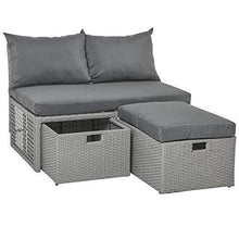 Outsunny Set Mobili da Giardino con Divano 2 Posti, Contenitore e Pouf in Rattan PE Salvaspazio con Cuscini, Grigio - Arredi Casa