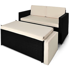 Casaria Divano Lounge 2 Posti Divanetto Nero con Cuscini Panna Pouf Mobile Chaise Longue Mobili Balcone