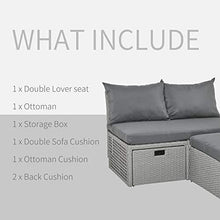 Outsunny Set Mobili da Giardino con Divano 2 Posti, Contenitore e Pouf in Rattan PE Salvaspazio con Cuscini, Grigio - Arredi Casa
