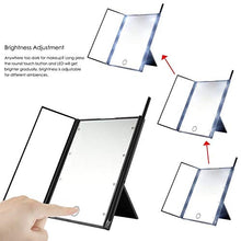 Salmue Specchio per il trucco illuminato, specchio per il trucco con 8 LED luminosi, rotazione regolabile a 180 °, doppio alimentatore, specchio a tre ante portatile(nero)