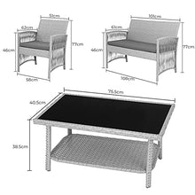 GARTIO Set da Giardino, Set di Mobili in PE Rattan, con Tavolino in Vetro, 1 Divano a Due Posti e 2 Poltrona, con Cuscini, per Giardino, Terrazza e Balcone