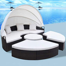 Divano componibile modulare da esterno rotondo per mobili da giardino con baldacchino retrattile, set di divani componibili in rattan in vimini PE per giardino con prato e piscina sul retro