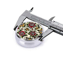 Scatola rotonda per medicina portatile, mini pillole in metallo, dispenser per pillole per borsa da tasca, borsa da viaggio, regalo con fiori tatuaggio