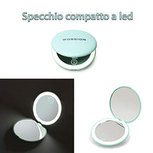 wobsion LED Specchio Compatto Ricaricabile Specchietto da Borsetta Specchio Viaggio Specchio Tascabile Specchio con ingrandimento 1X/10X Specchietto da Borsa con Luce Regolabile Specchio Regali Ciano