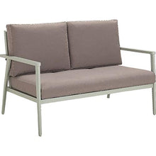 Meubletmoi 7679 - Divano da giardino a 2 posti, in alluminio, colore: Verde chiaro con braccioli e cuscini in tessuto grigio