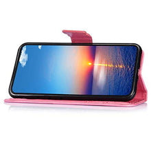 Saceebe Compatibile con Huawei enjoy 9 Custodia pelle Cover a libro Portafoglio Flip Case [Custodia in pelle goffrata con fiori e farfalle con cordino] anteriore e posteriore Bumper Case,rosa