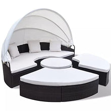 Divano componibile modulare da esterno rotondo per mobili da giardino con baldacchino retrattile, set di divani componibili in rattan in vimini PE per giardino con prato e piscina sul retro