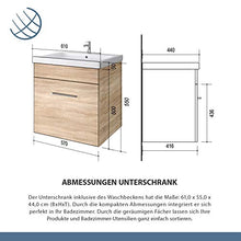Planetmöbel Lavabo con mobiletto da 60 cm, in rovere Sonoma, set di mobili da bagno con lavabo in ceramica e specchio per il bagno