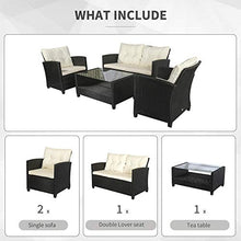 Set Salotto da Giardino Divano 2 Poltrone e Tavolino in Rattan Nero e Crema