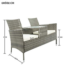 Panchina da giardino in polyrattan, con tavolo da 2 posti, con cuscini da 5 cm, colore: grigio