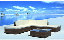 Set di mobili da giardino e terrazza, 2 divani ad angolo, 1 divano centrale, 1 divano singolo, 1 ottomana + 1 tavolino centrale, 5 cuscini seduta + 6 cuscini per schienale.